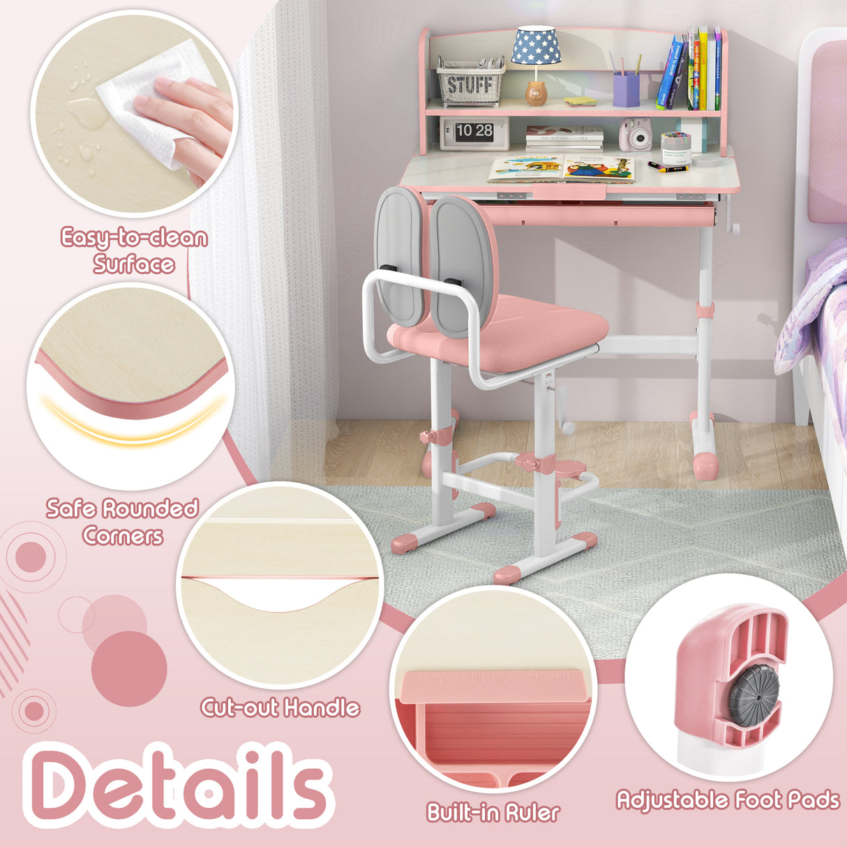 Height Adjustable Children School Study Desk with Tilt Desktop and Storage Drawer