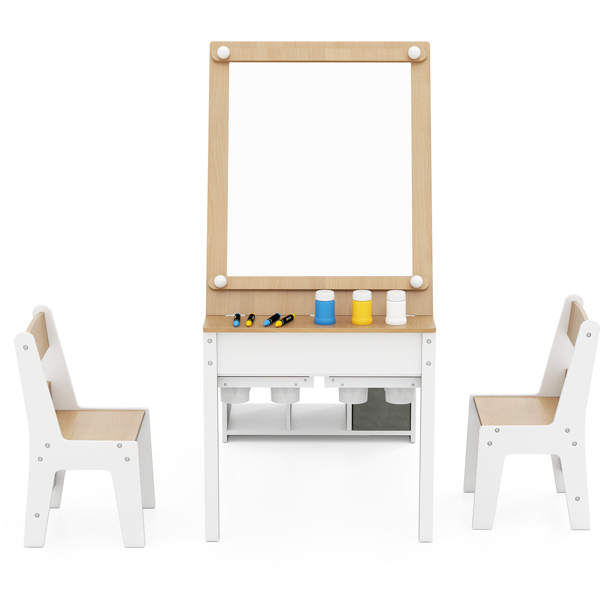 HONEY JOY Kids Art Table & 2 Chairs Set w/Paper Roll, Craft Desk w/Flip-up Tabletop