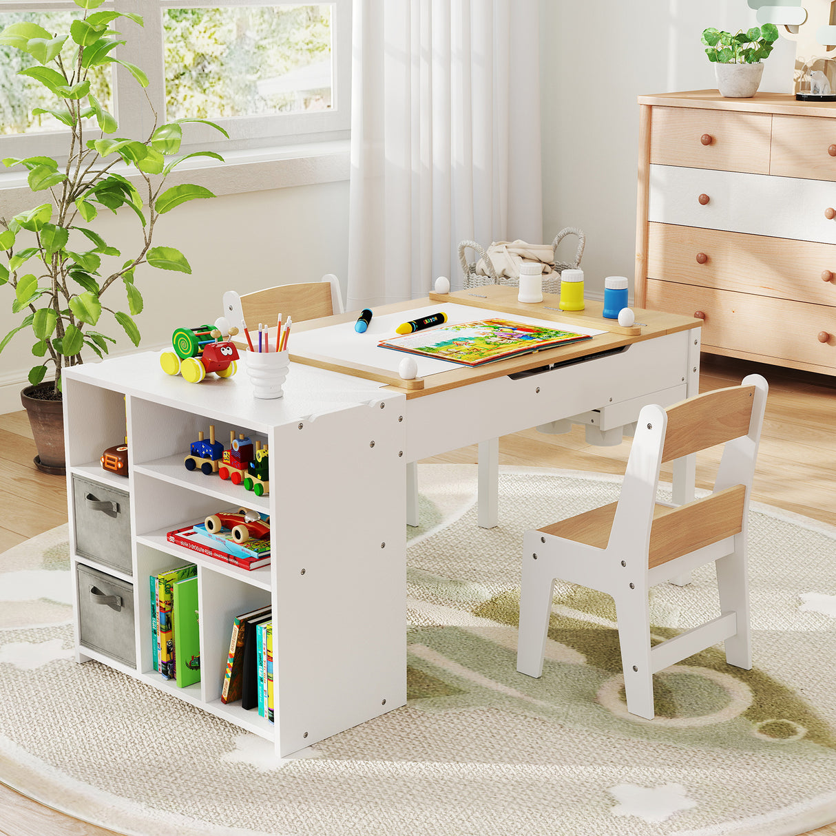 HONEY JOY Kids Art Table & 2 Chairs Set w/Paper Roll, Craft Desk w/Flip-up Tabletop