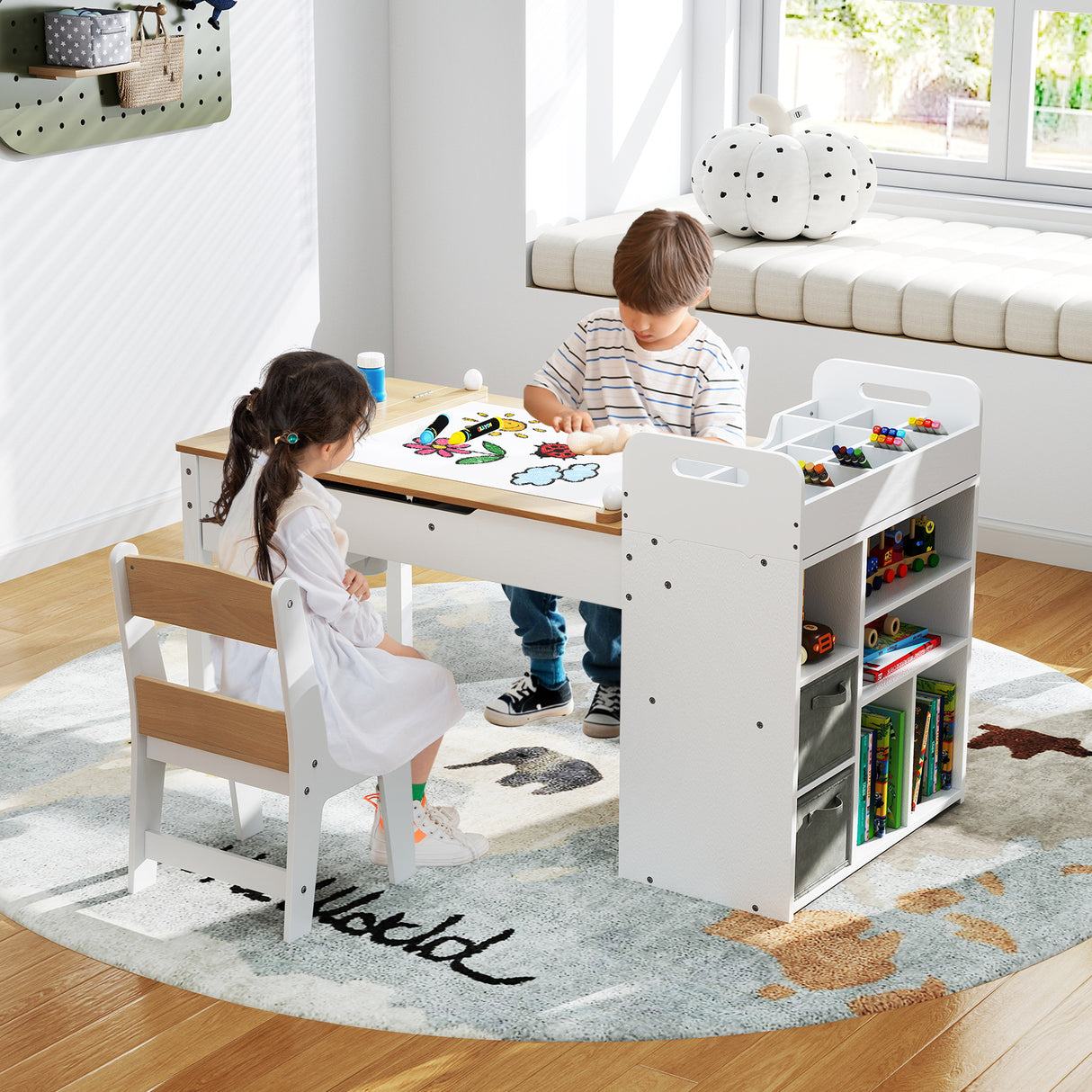 HONEY JOY Kids Art Table & 2 Chairs Set w/Paper Roll, Craft Desk w/Flip-up Tabletop