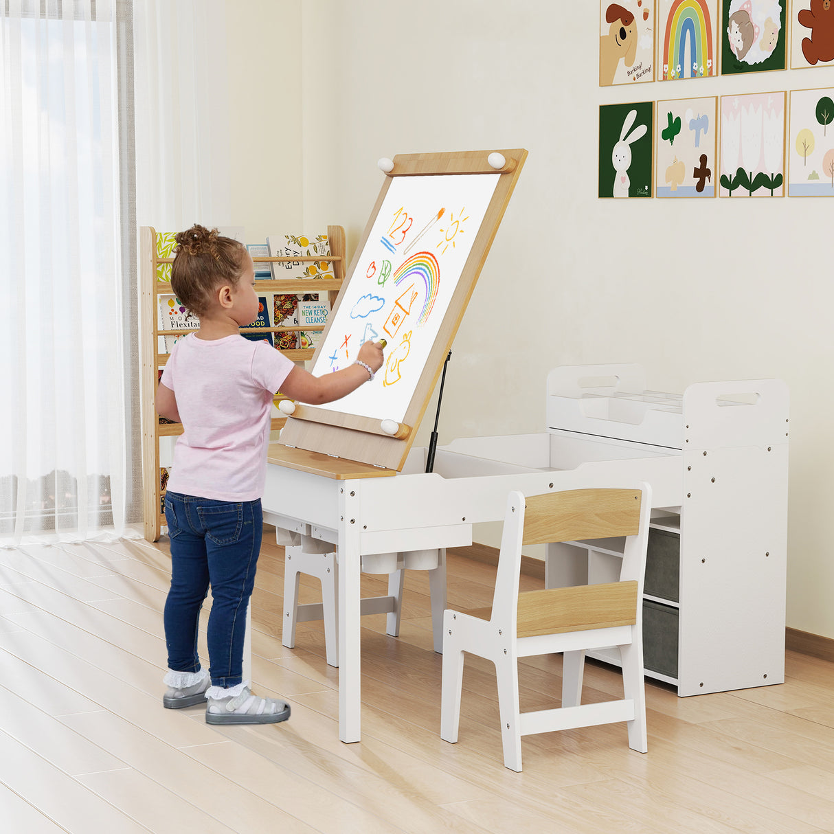 HONEY JOY Kids Art Table & 2 Chairs Set w/Paper Roll, Craft Desk w/Flip-up Tabletop