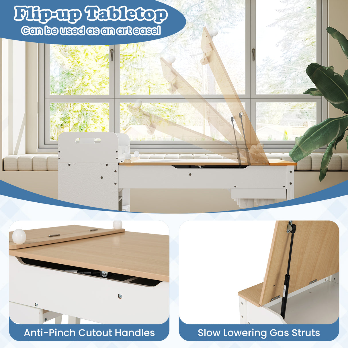 HONEY JOY Kids Art Table & 2 Chairs Set w/Paper Roll, Craft Desk w/Flip-up Tabletop