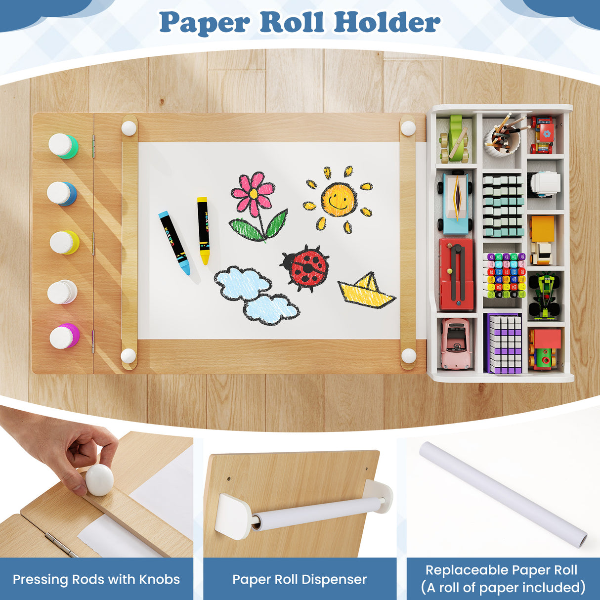HONEY JOY Kids Art Table & 2 Chairs Set w/Paper Roll, Craft Desk w/Flip-up Tabletop