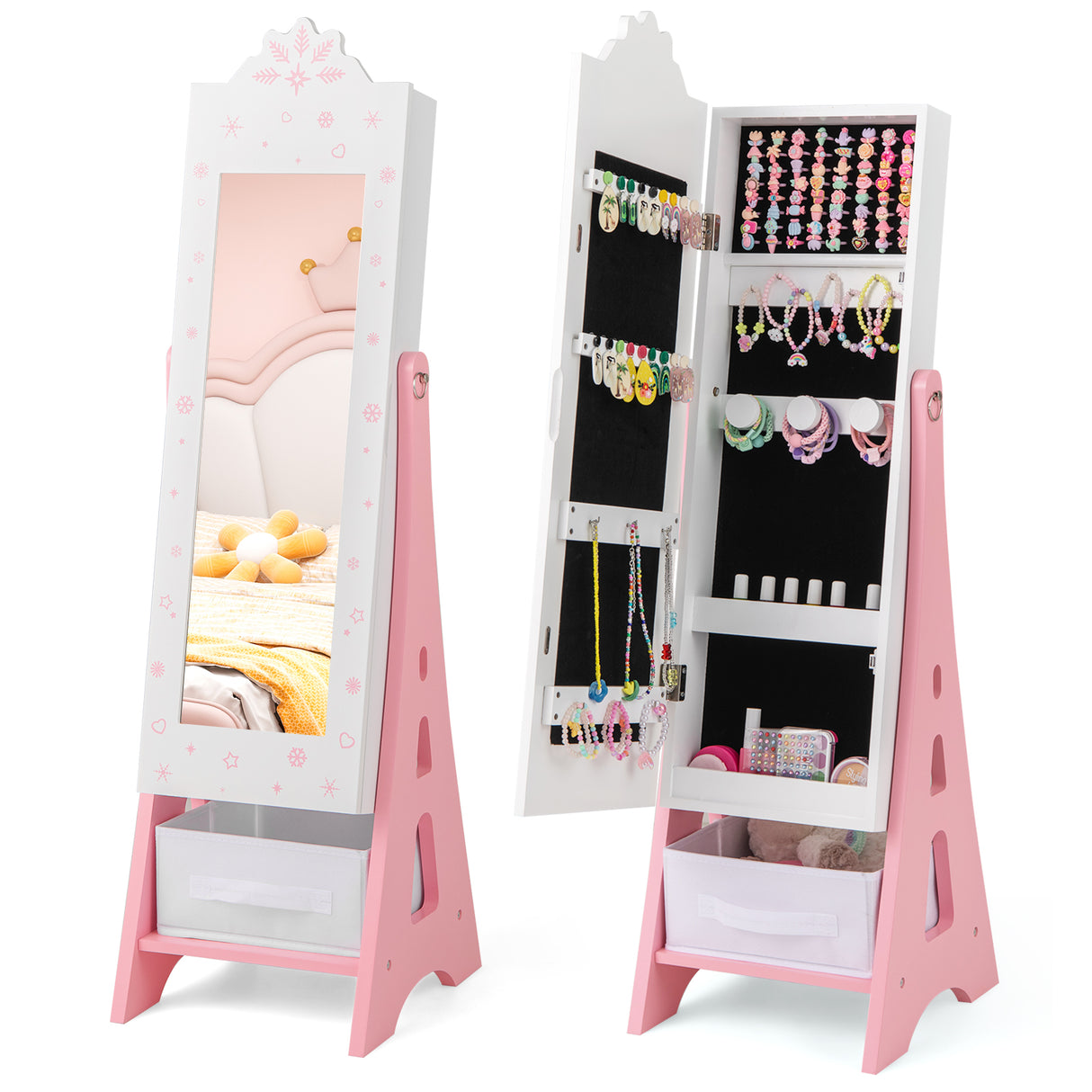 Kids Jewelry Armoire Cabinet, Free-Standing Full Length Mirror with Storage and 2 Tilt Angles
