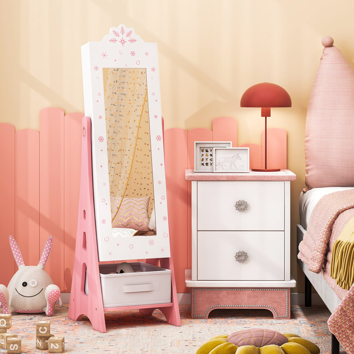 Kids Jewelry Armoire Cabinet, Free-Standing Full Length Mirror with Storage and 2 Tilt Angles