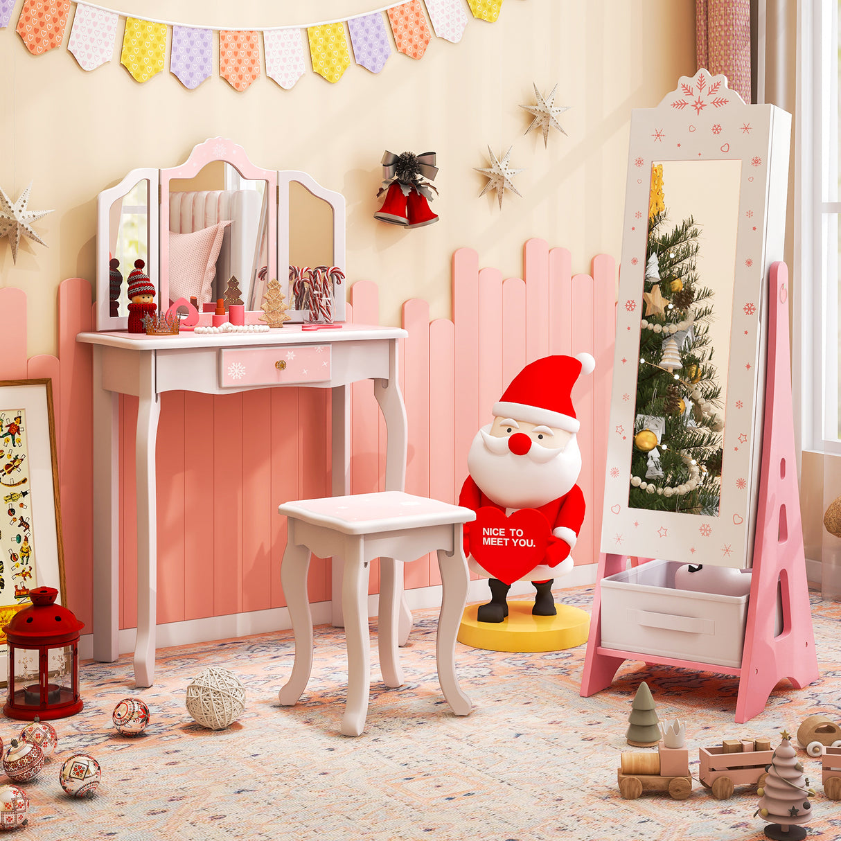 Kids Jewelry Armoire Cabinet, Free-Standing Full Length Mirror with Storage and 2 Tilt Angles