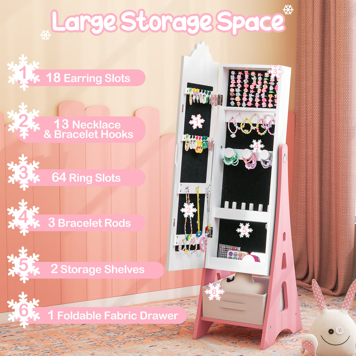 Kids Jewelry Armoire Cabinet, Free-Standing Full Length Mirror with Storage and 2 Tilt Angles