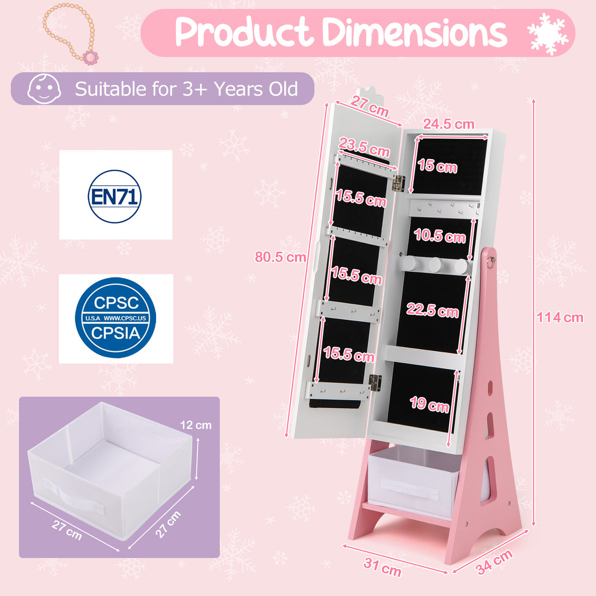 Kids Jewelry Armoire Cabinet, Free-Standing Full Length Mirror with Storage and 2 Tilt Angles