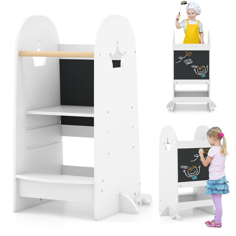 Children's desk with shelves and a chalkboard, featuring a child and a toy on top.
