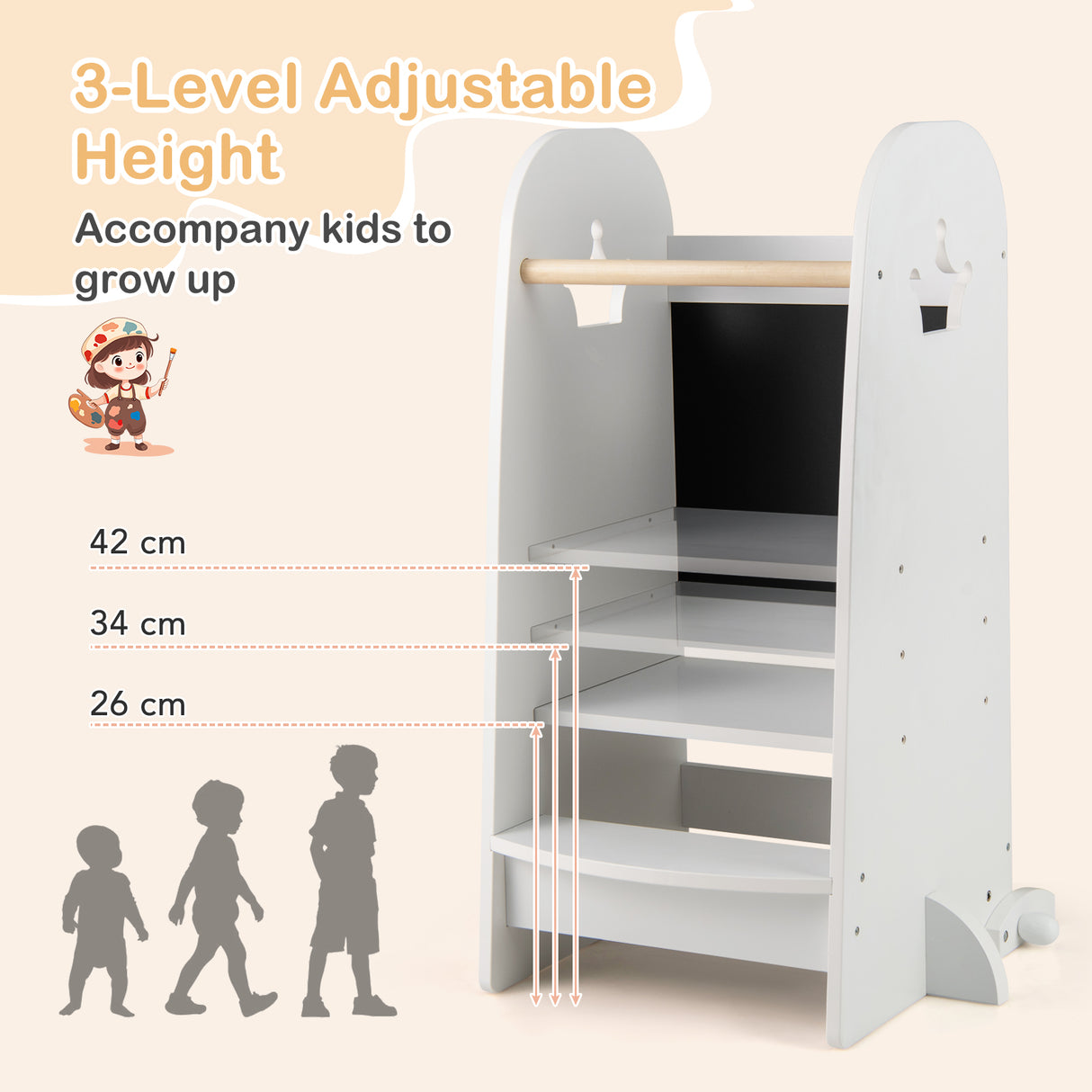 3-level adjustable height shelf with measurements and child silhouettes on a beige background