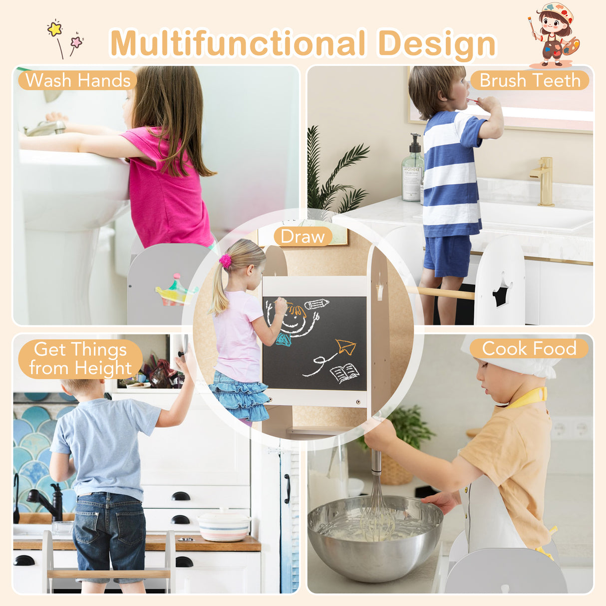 Collage of children using a multifunctional design product for washing hands, brushing teeth, drawing, and cooking.