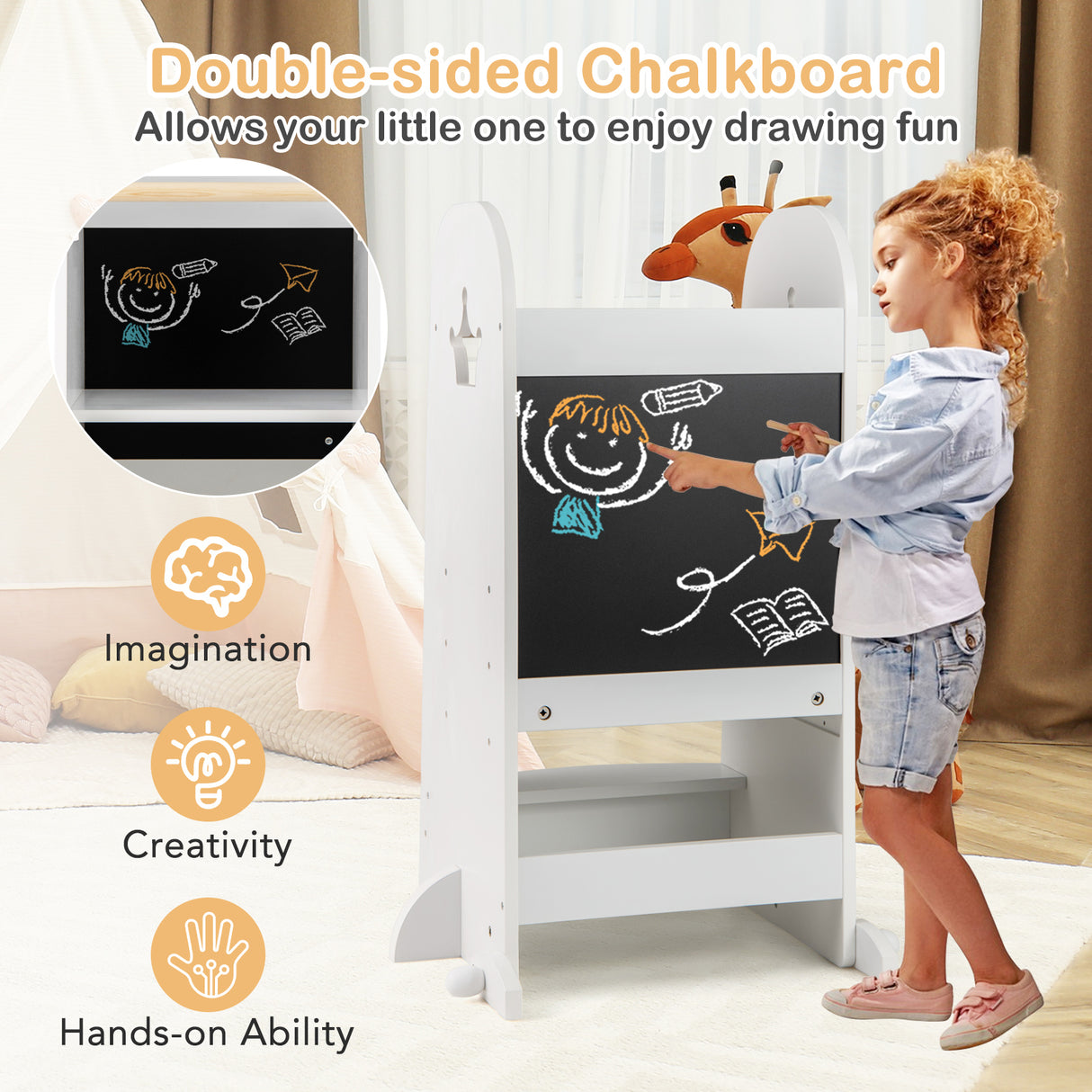 Child drawing on a double-sided chalkboard with text highlighting benefits