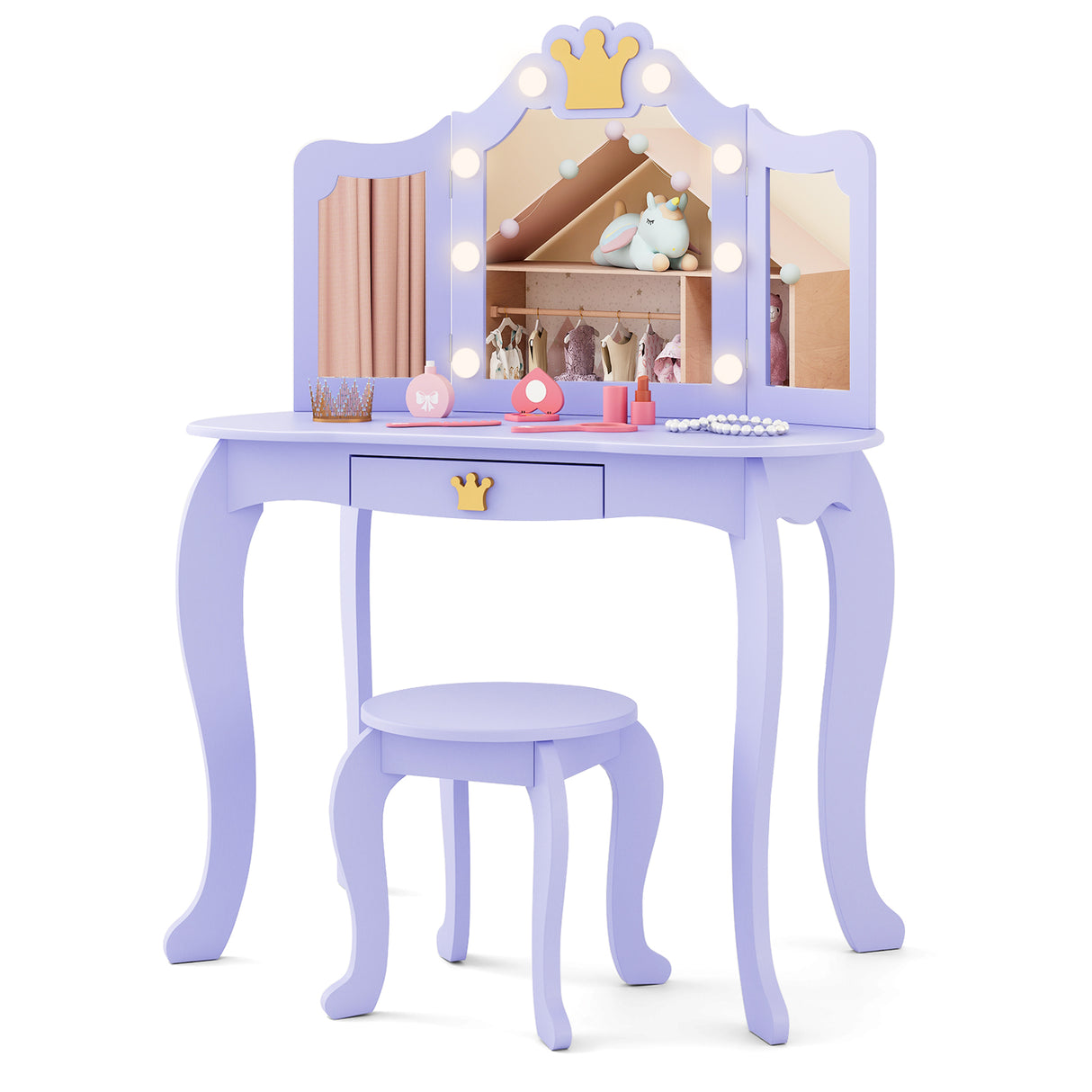 HONEY JOY Kids Vanity Set with 3-Color Adjustable Lighted Mirror