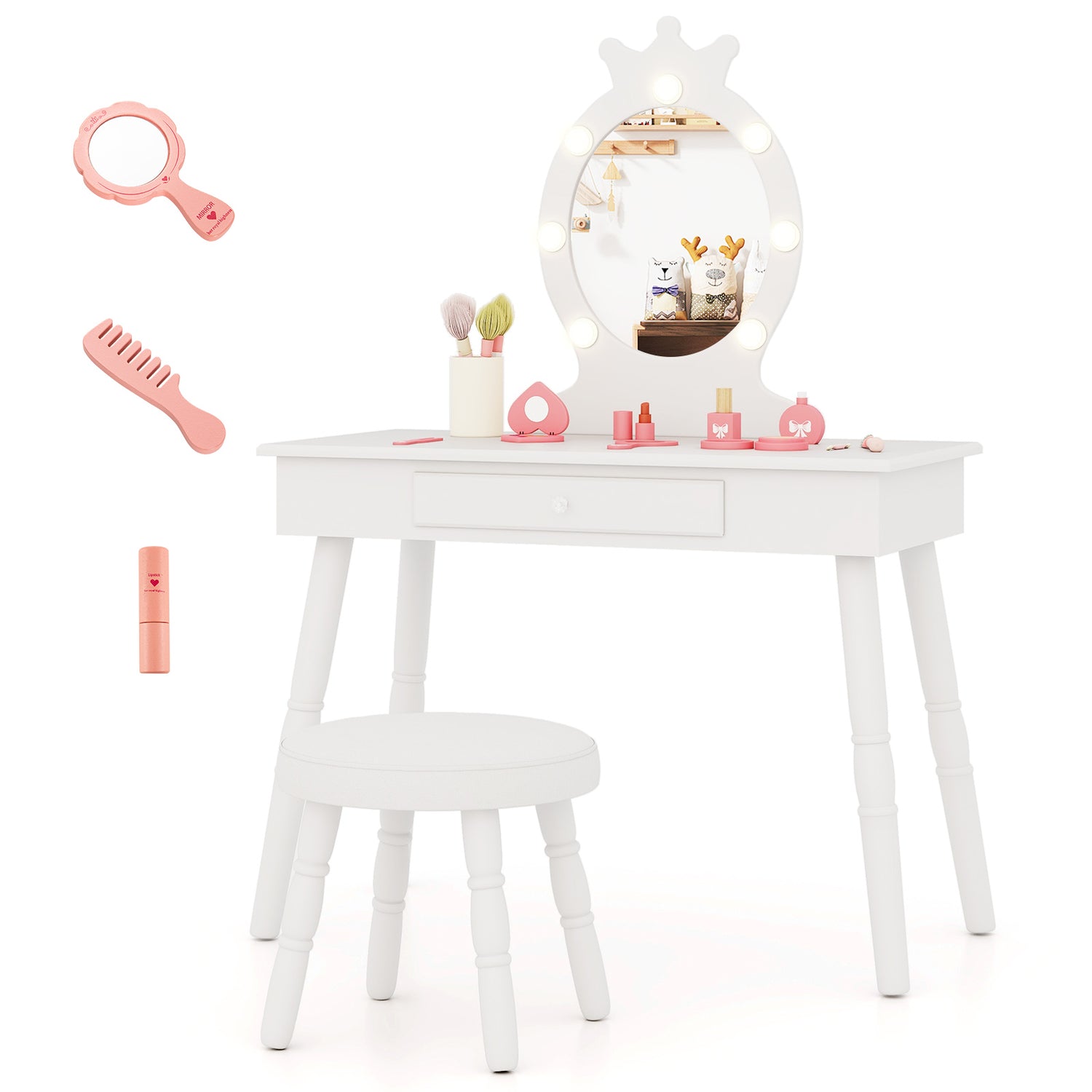HONEY JOY Kids Vanity Set with LED Lighted Mirror & Stool