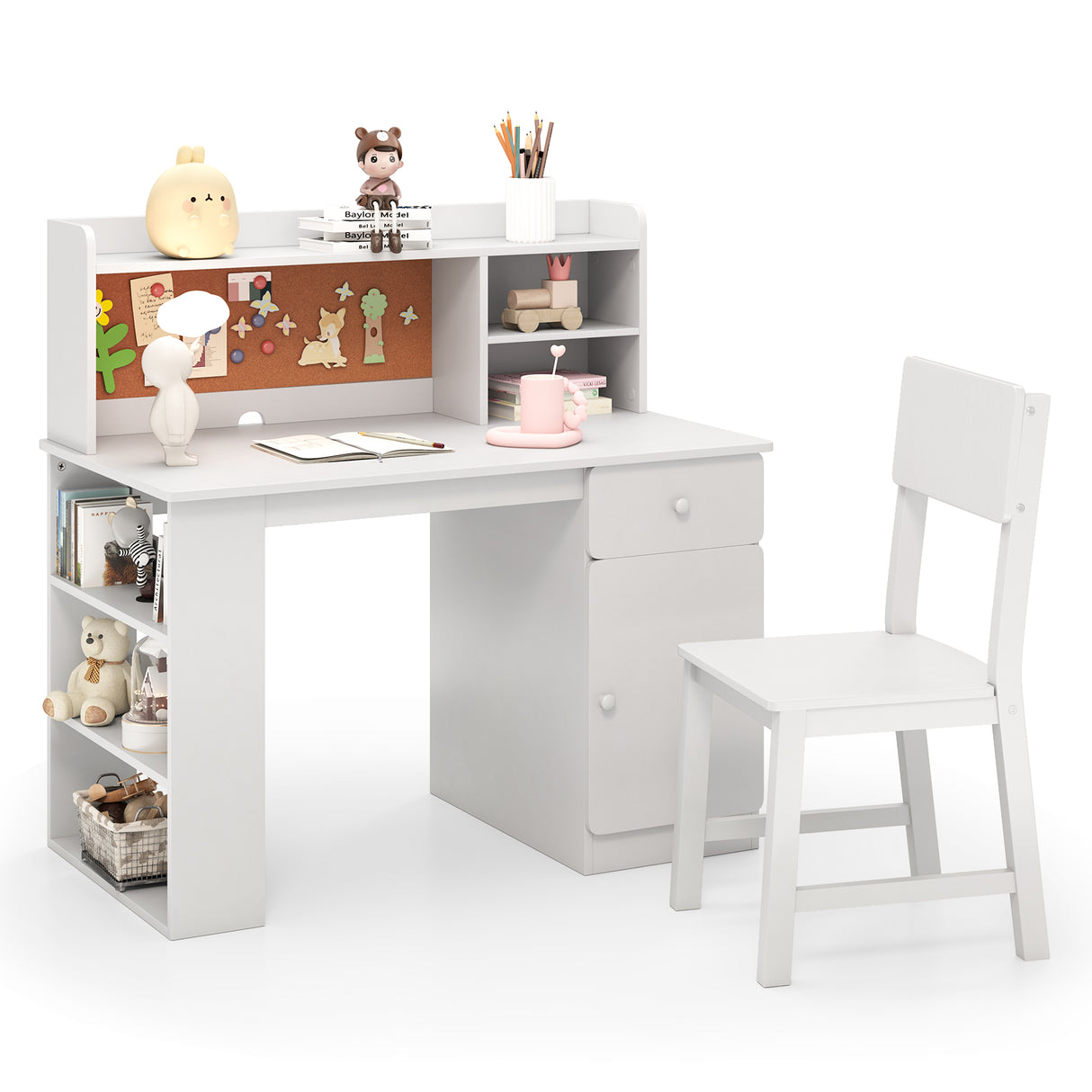 Kids Desk and Chair Set, Children Study Desk with Chair, Hutch & 3-Layer Side Shelf