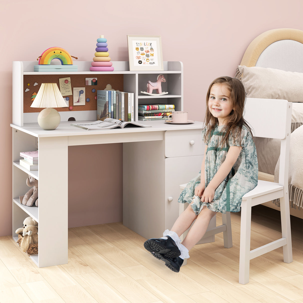 Kids Desk and Chair Set, Children Study Desk with Chair, Hutch & 3-Layer Side Shelf