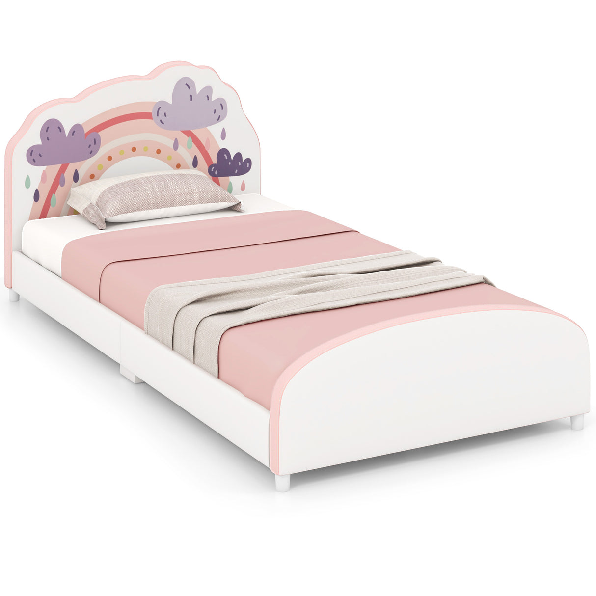 HONEY JOY Single Bed Frames for Kids, Wood Upholstered Twin Bed Platform with Slat Support