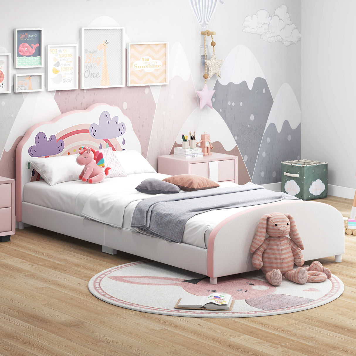 HONEY JOY Single Bed Frames for Kids, Wood Upholstered Twin Bed Platform with Slat Support