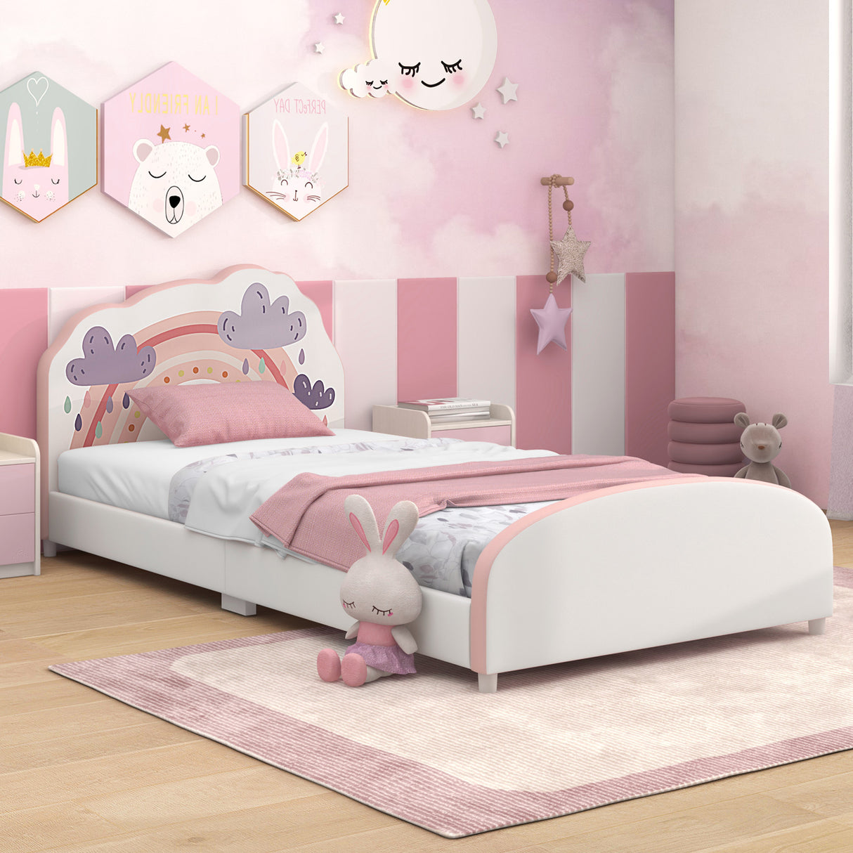 HONEY JOY Single Bed Frames for Kids, Wood Upholstered Twin Bed Platform with Slat Support