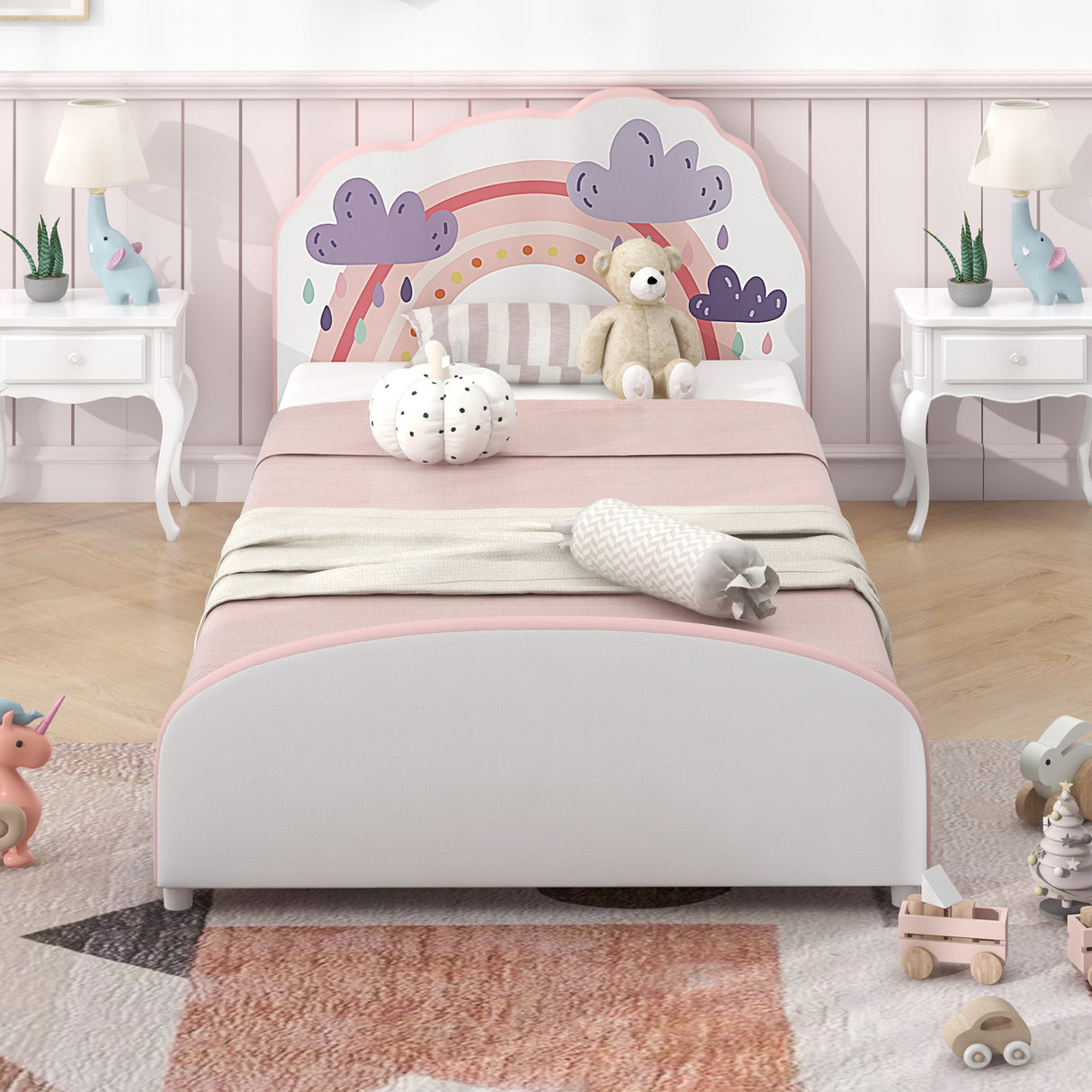 HONEY JOY Single Bed Frames for Kids, Wood Upholstered Twin Bed Platform with Slat Support