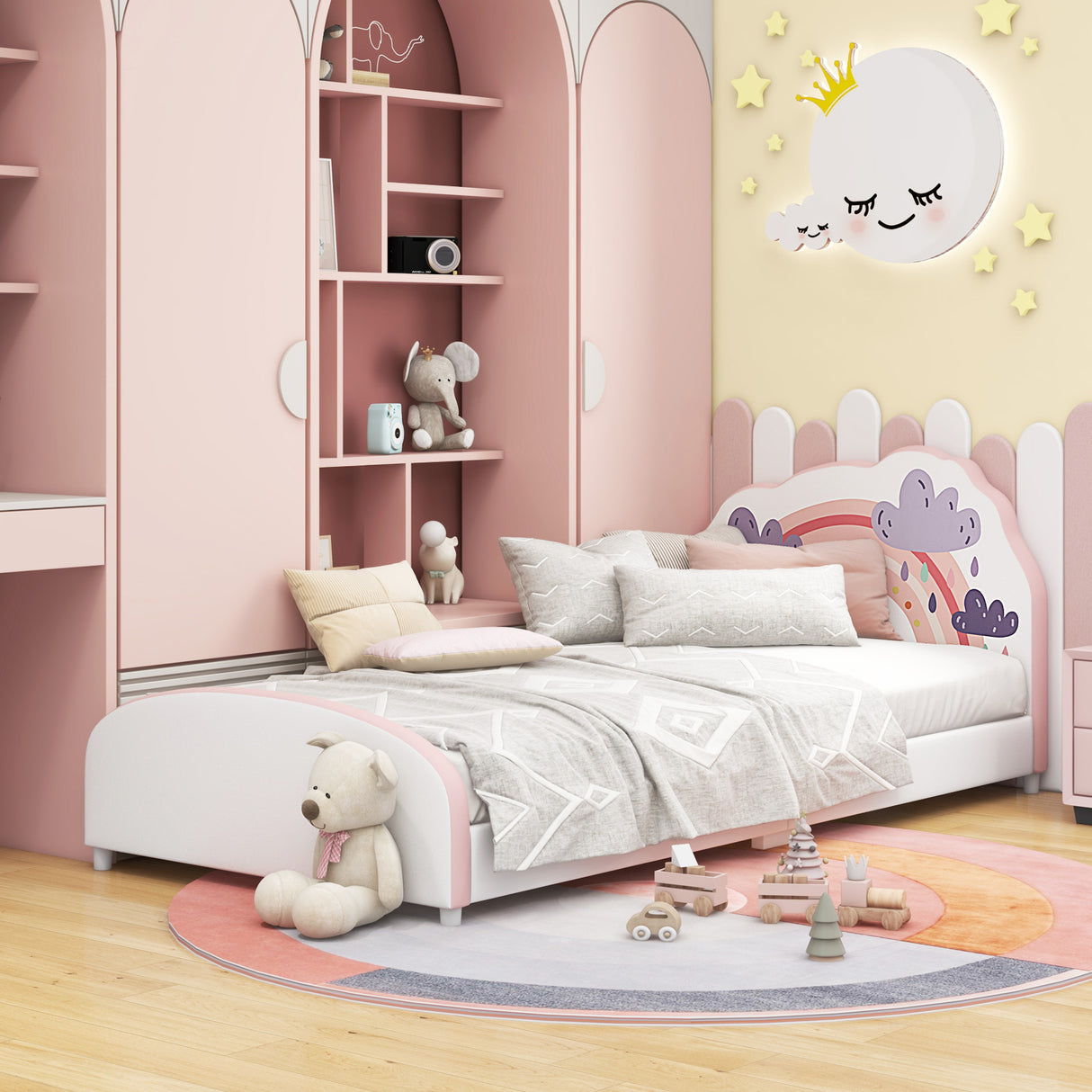 HONEY JOY Single Bed Frames for Kids, Wood Upholstered Twin Bed Platform with Slat Support