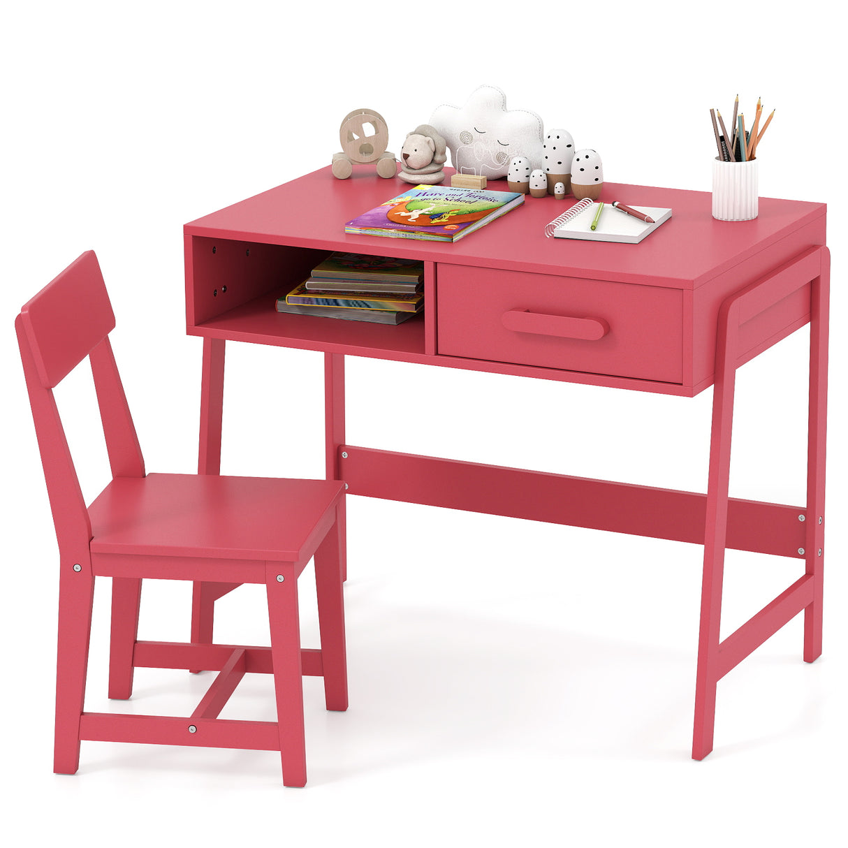 Wooden Children Study Table Set with Storage Drawer and Hutch