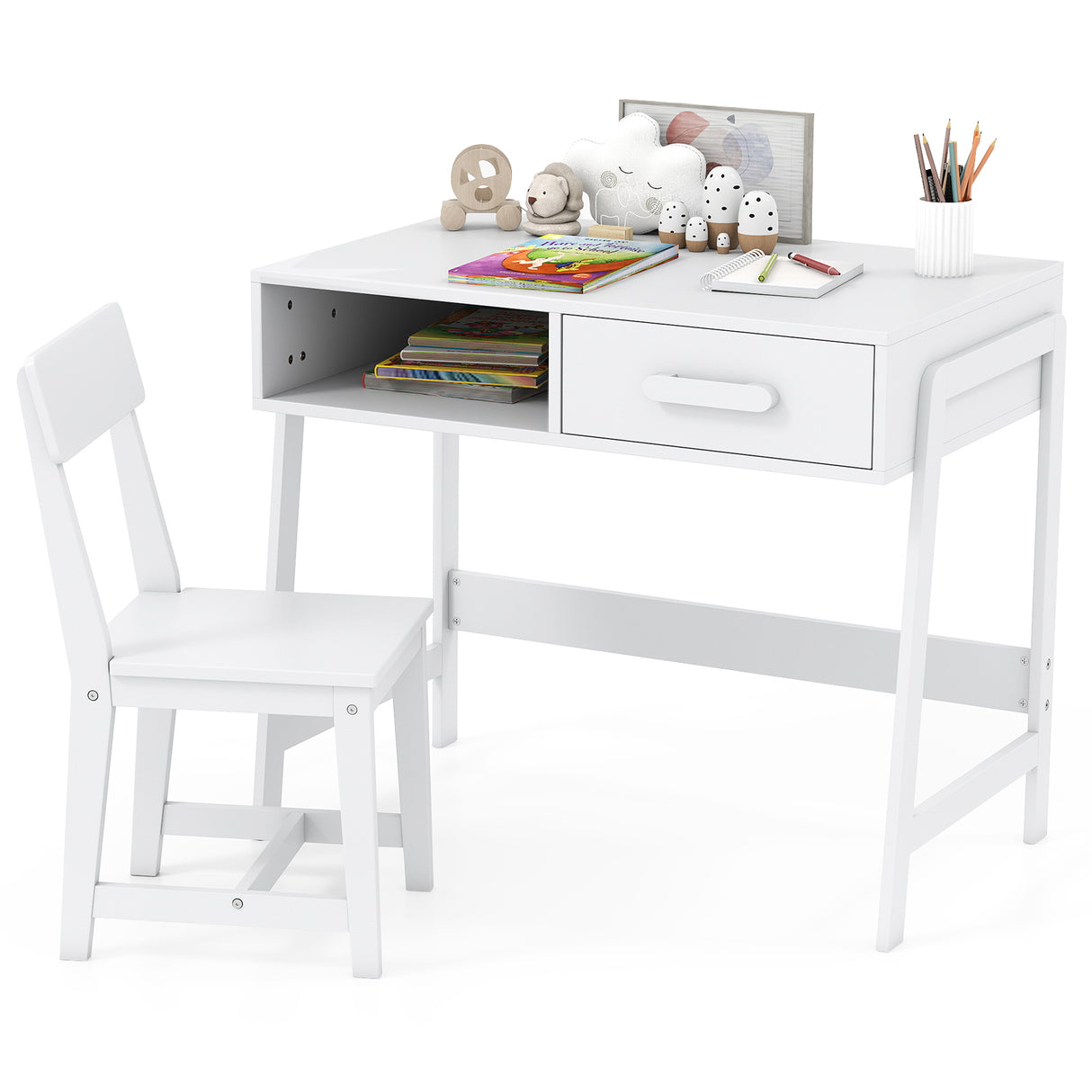 Wooden Children Study Table Set with Storage Drawer and Hutch