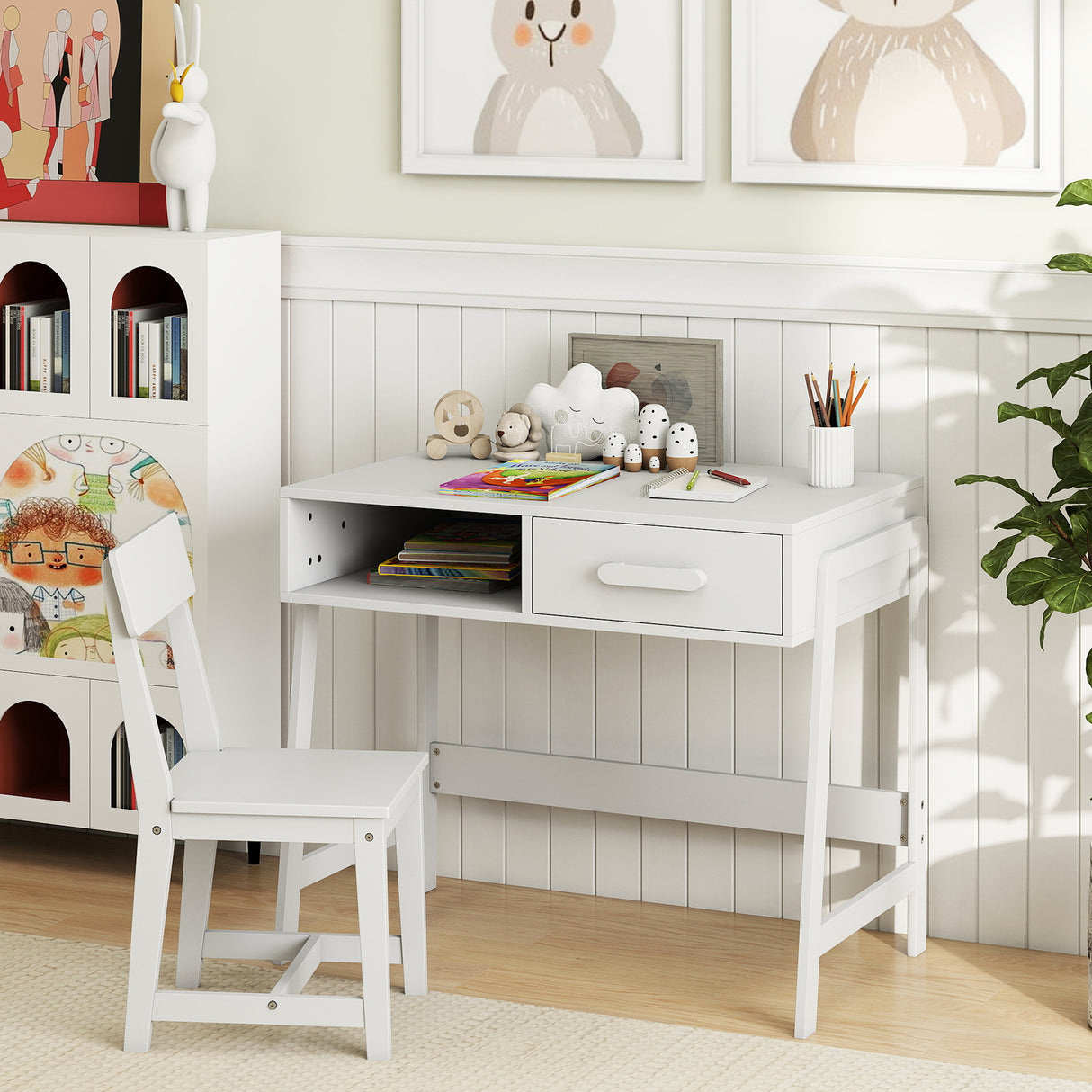 Wooden Children Study Table Set with Storage Drawer and Hutch