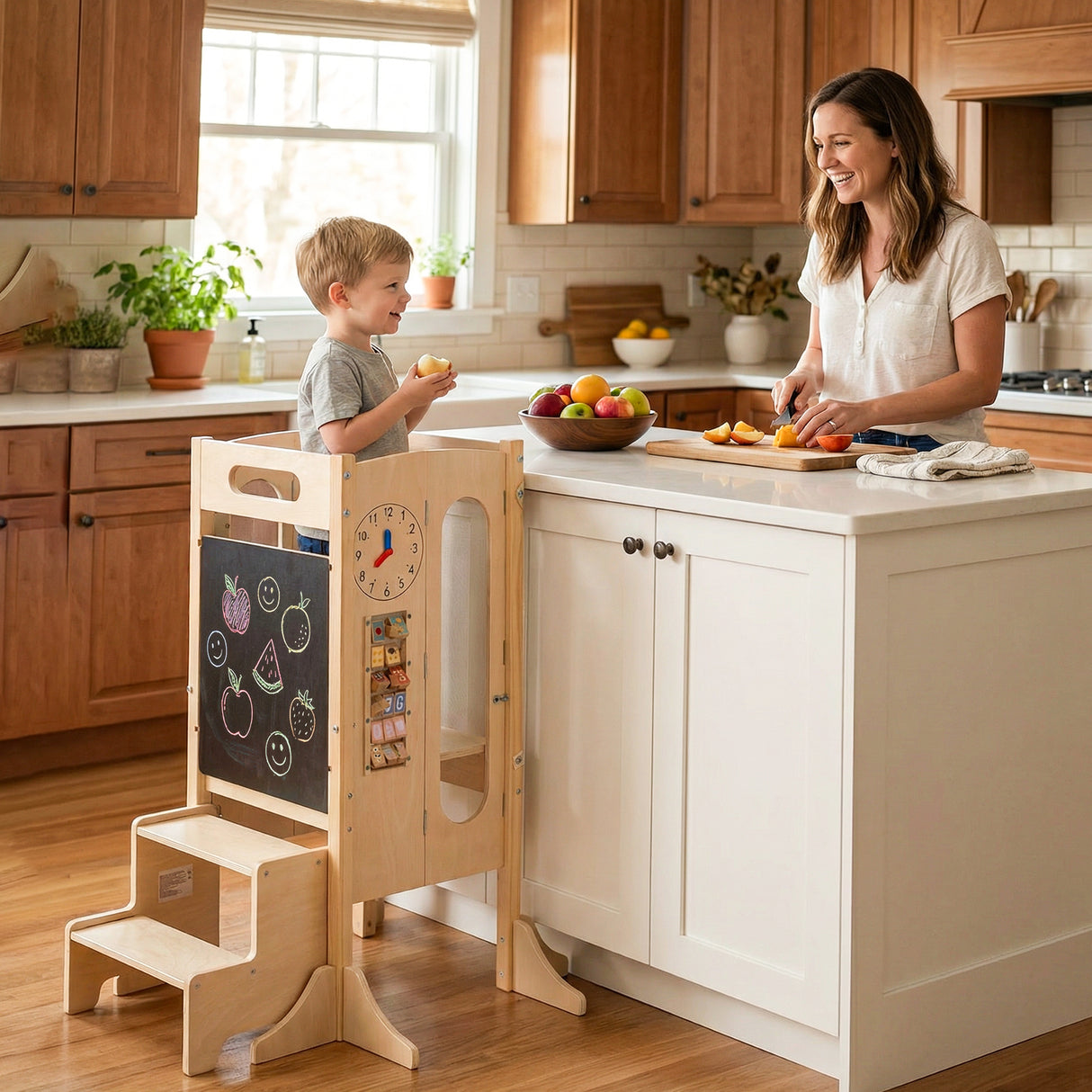 Versatile Wooden Learning Tower with Blackboard & Montessori Games for Children 3+ Years Old