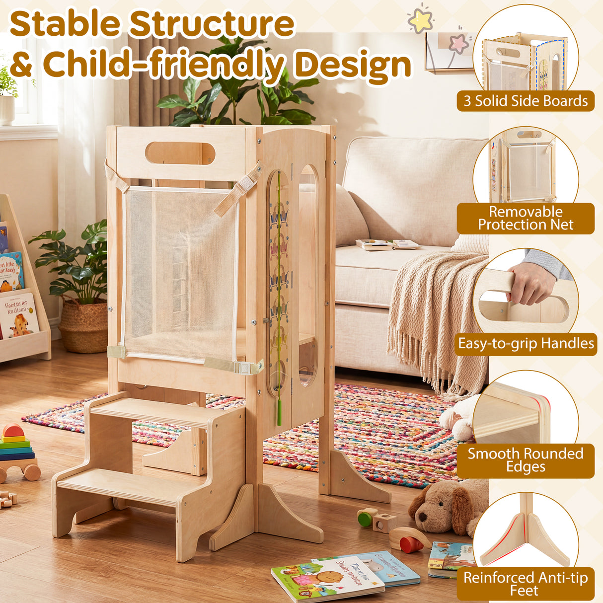 Versatile Wooden Learning Tower with Blackboard & Montessori Games for Children 3+ Years Old