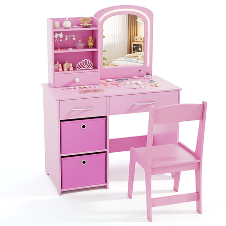 HONEY JOY Kids Vanity Set with 2 Color Lighted Mirror, Princess Makeup Desk and Chair Set with Mirror and Lights