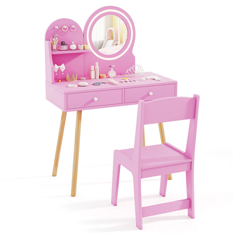 Kids Vanity Set, Princess Dressing Table with Chair, 2-Color Front Lit Mirror, 2 Drawers, Open Storage Shelve