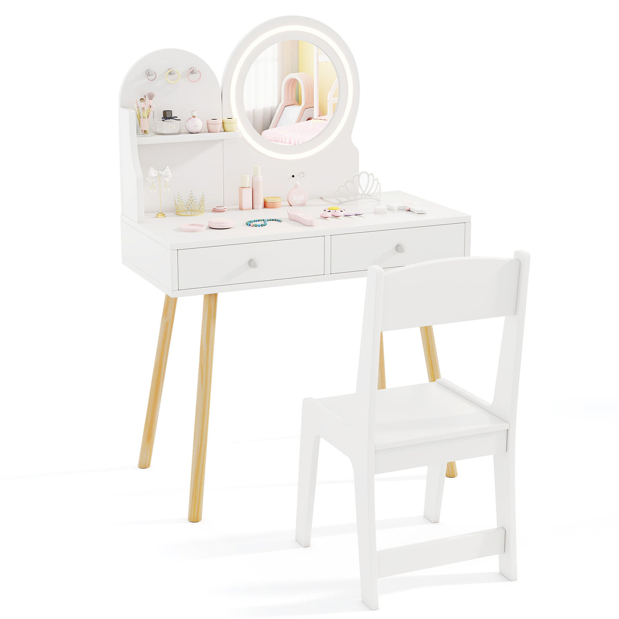 Kids Vanity Set, Princess Dressing Table with Chair, 2-Color Front Lit Mirror, 2 Drawers, Open Storage Shelve