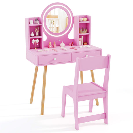 Wooden Kids Vanity Set Makeup Dressing Table w/ 2-Color LED Lighted Mirror Stool