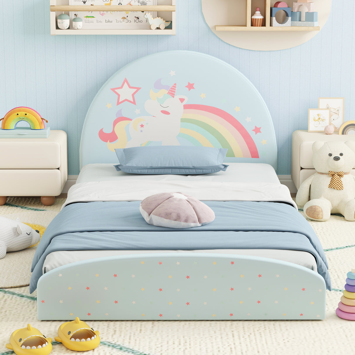 Single Floor Bed Frame, Upholstered Twin Size Kids Floor Bed with 210D Oxford Cloth Floor Mat