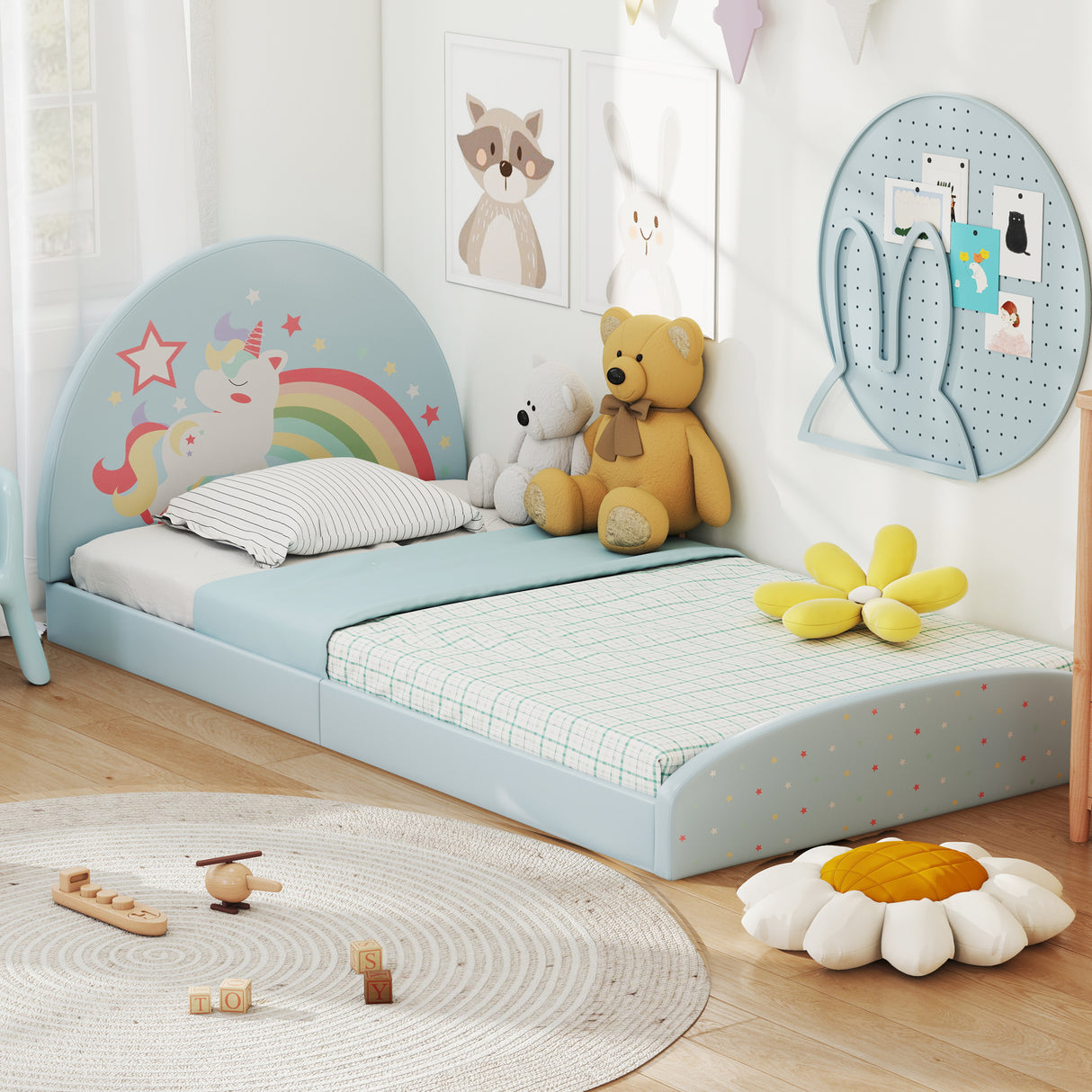 Single Floor Bed Frame, Upholstered Twin Size Kids Floor Bed with 210D Oxford Cloth Floor Mat