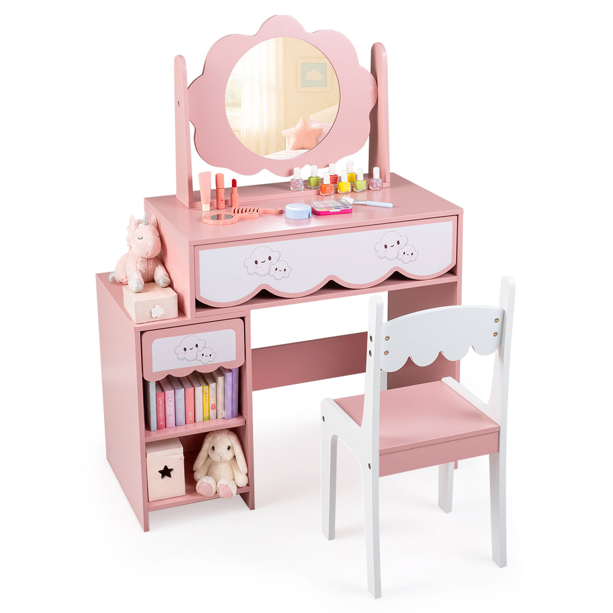 Kids Vanity Set with 360° Rotating Mirror & Chair for Girls