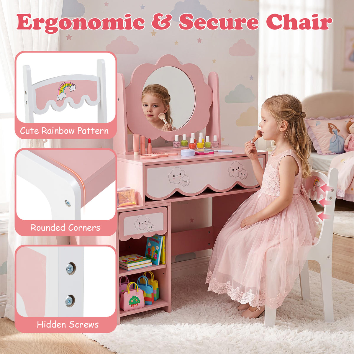 Kids Vanity Set with 360° Rotating Mirror & Chair for Girls