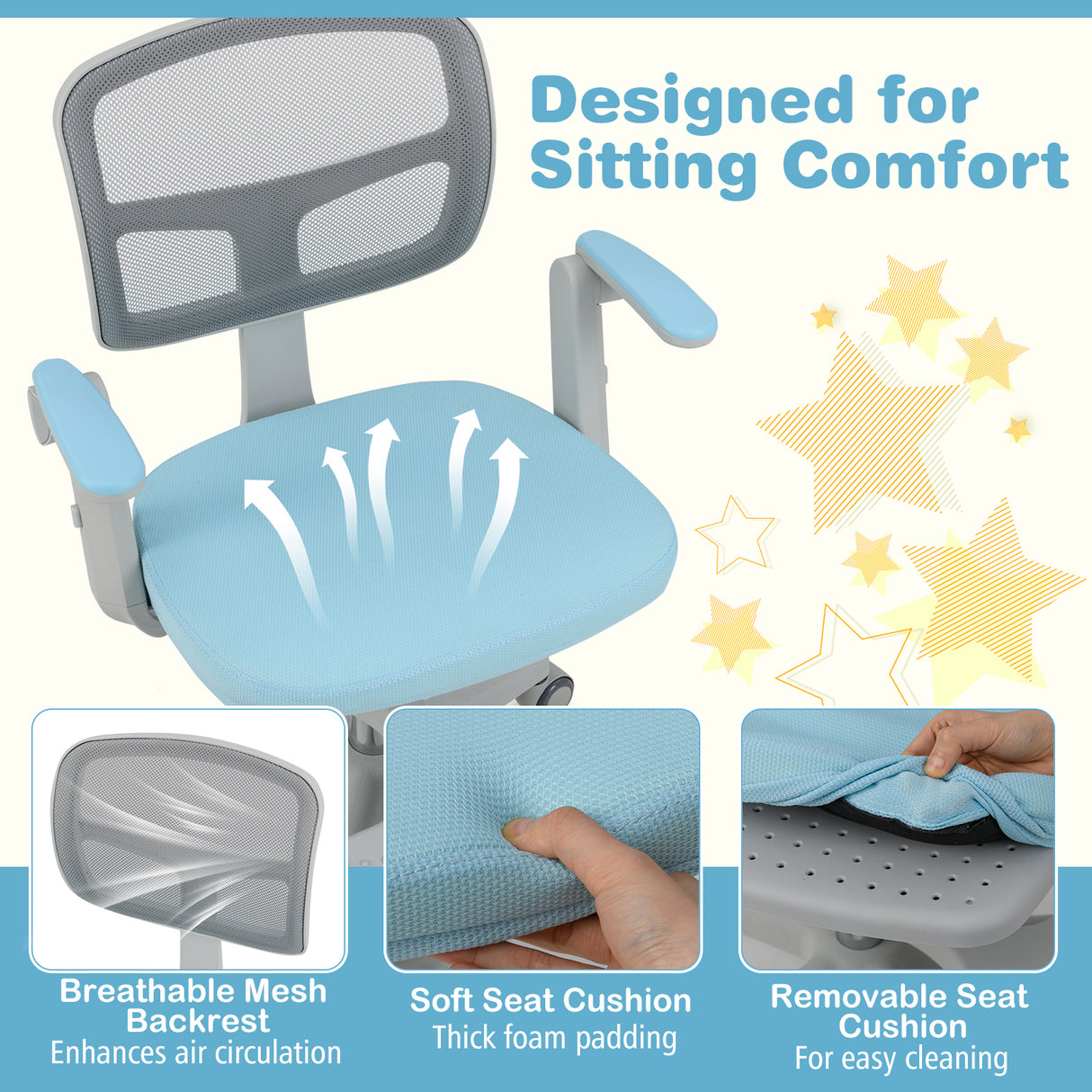 Chair with breathable mesh backrest, soft seat cushion, and removable seat cushion feature highlights.
