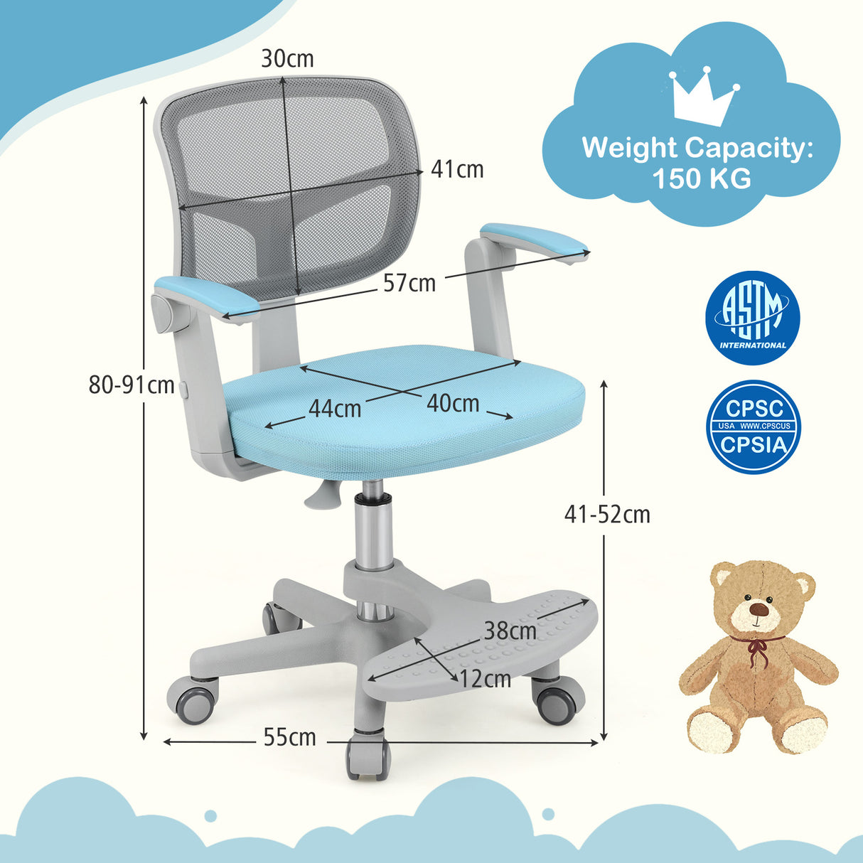 Children's office chair with measurements and safety certification logos on a blue background