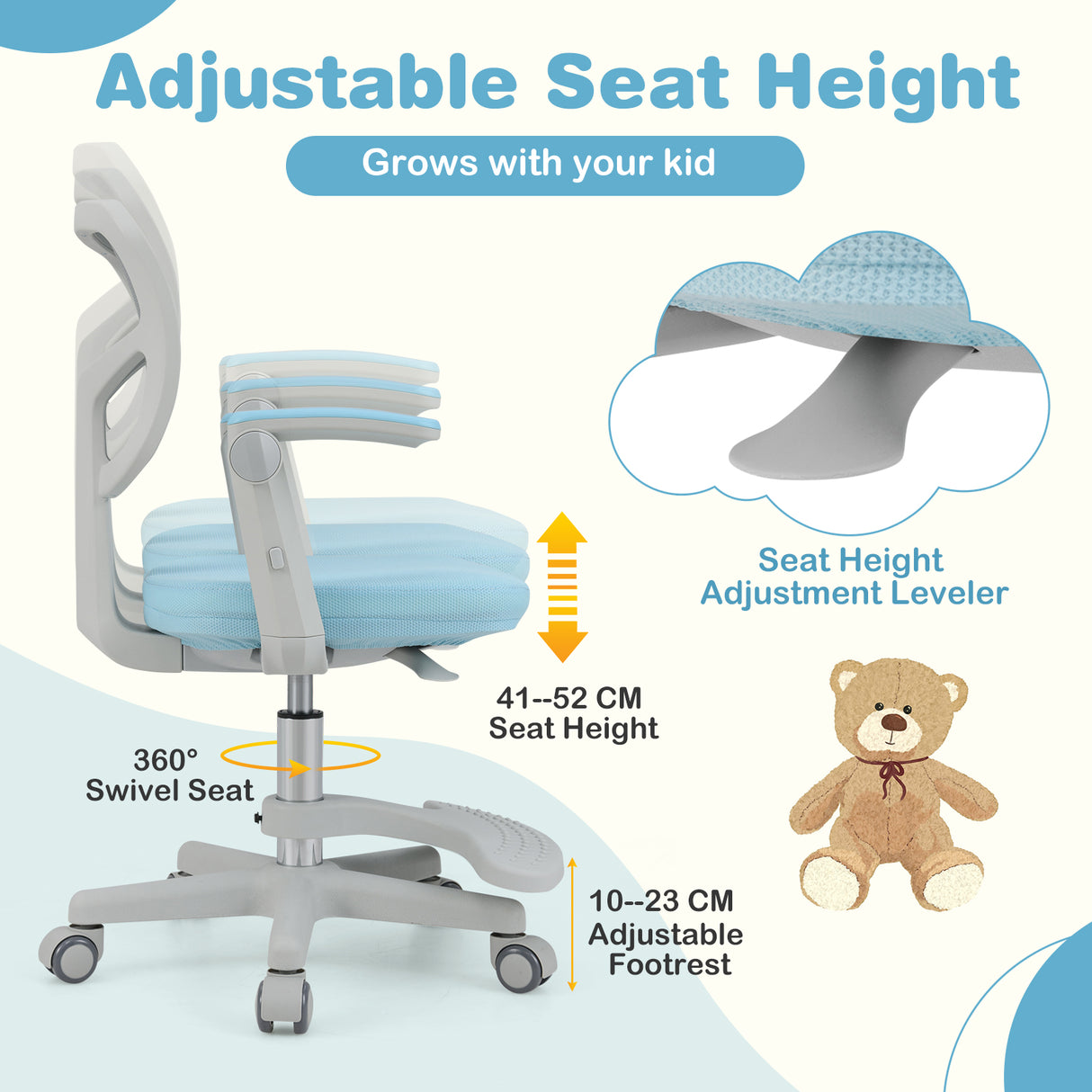 Children's chair with adjustable seat height features and a teddy bear for scale.