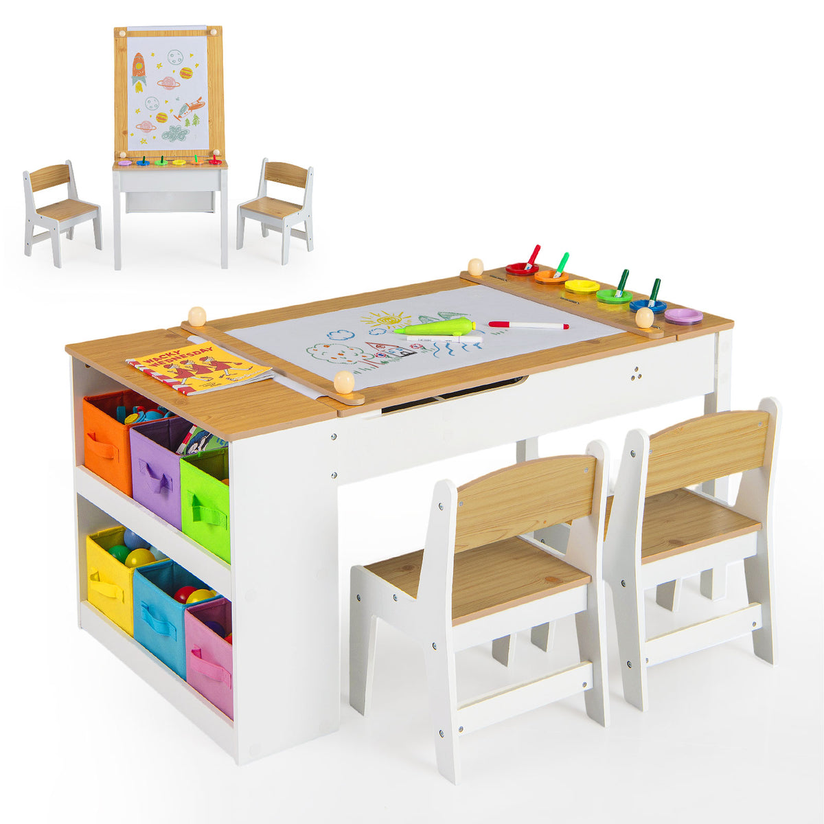 HONEY JOY Kids Table and Chairs Set, 2 in 1 Wooden Art Table & Easel S ...
