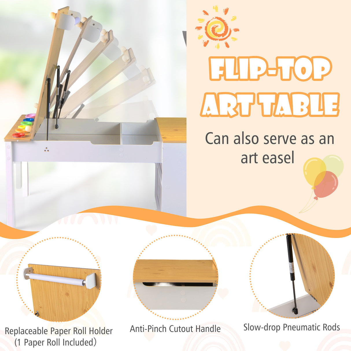 HONEY JOY Kids Table and Chairs Set, 2 in 1 Wooden Art Table & Easel Set for Children with 2 Chairs, 6 Storage Bins