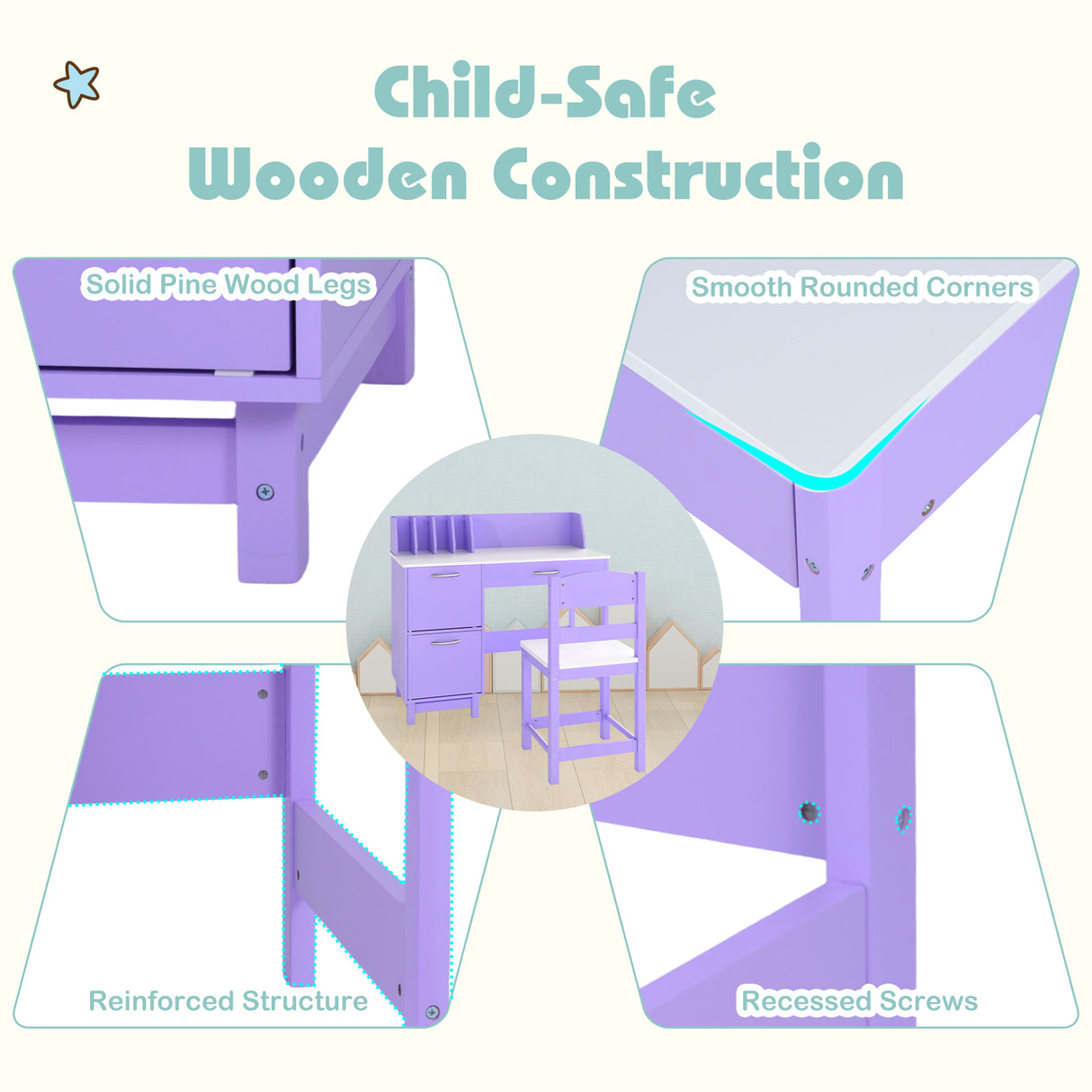 Kid's Study Desk & Chair Set, Children Table with Wide Desktop for 3+ Years Old Boys and Girls