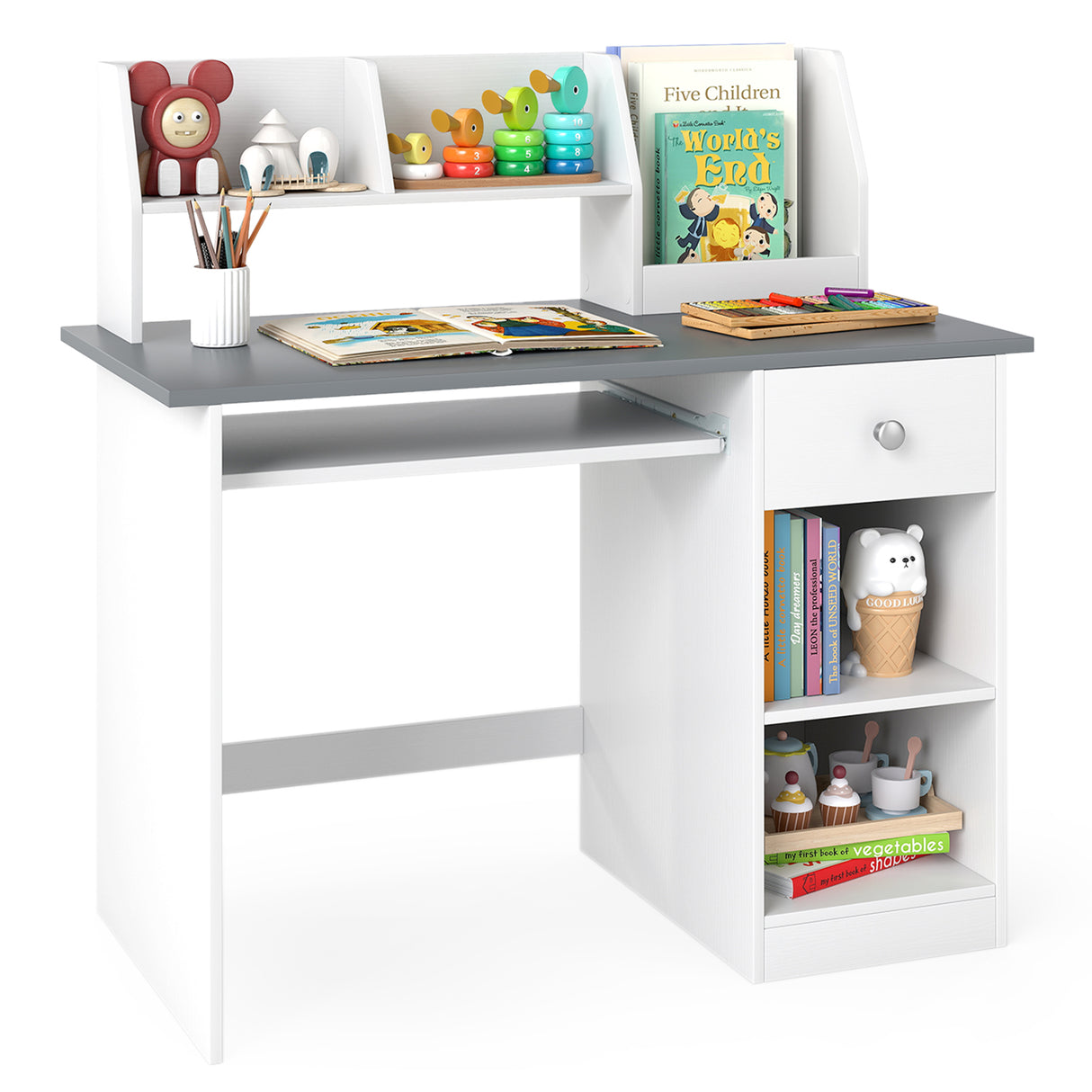 HONEY JOY Kids Study Desk, Children Writing Table w/Hutch