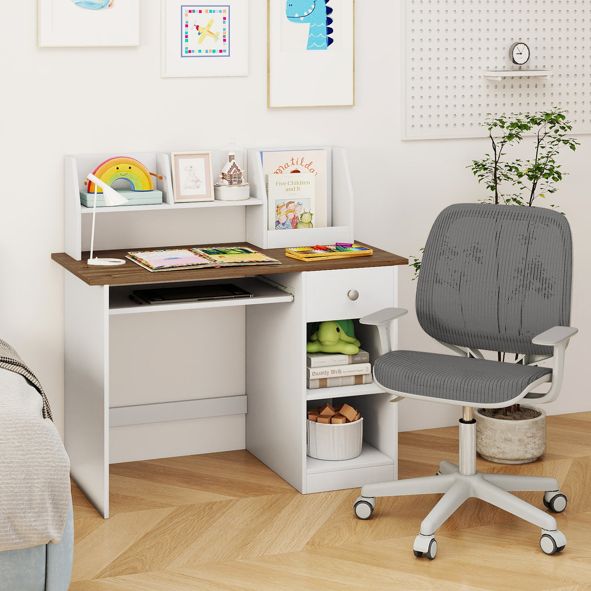 HONEY JOY Kids Study Desk, Children Writing Table w/Hutch