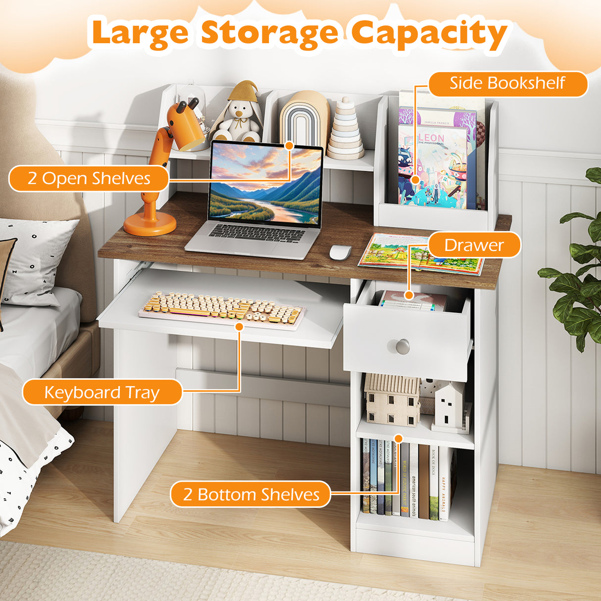 HONEY JOY Kids Study Desk, Children Writing Table w/Hutch