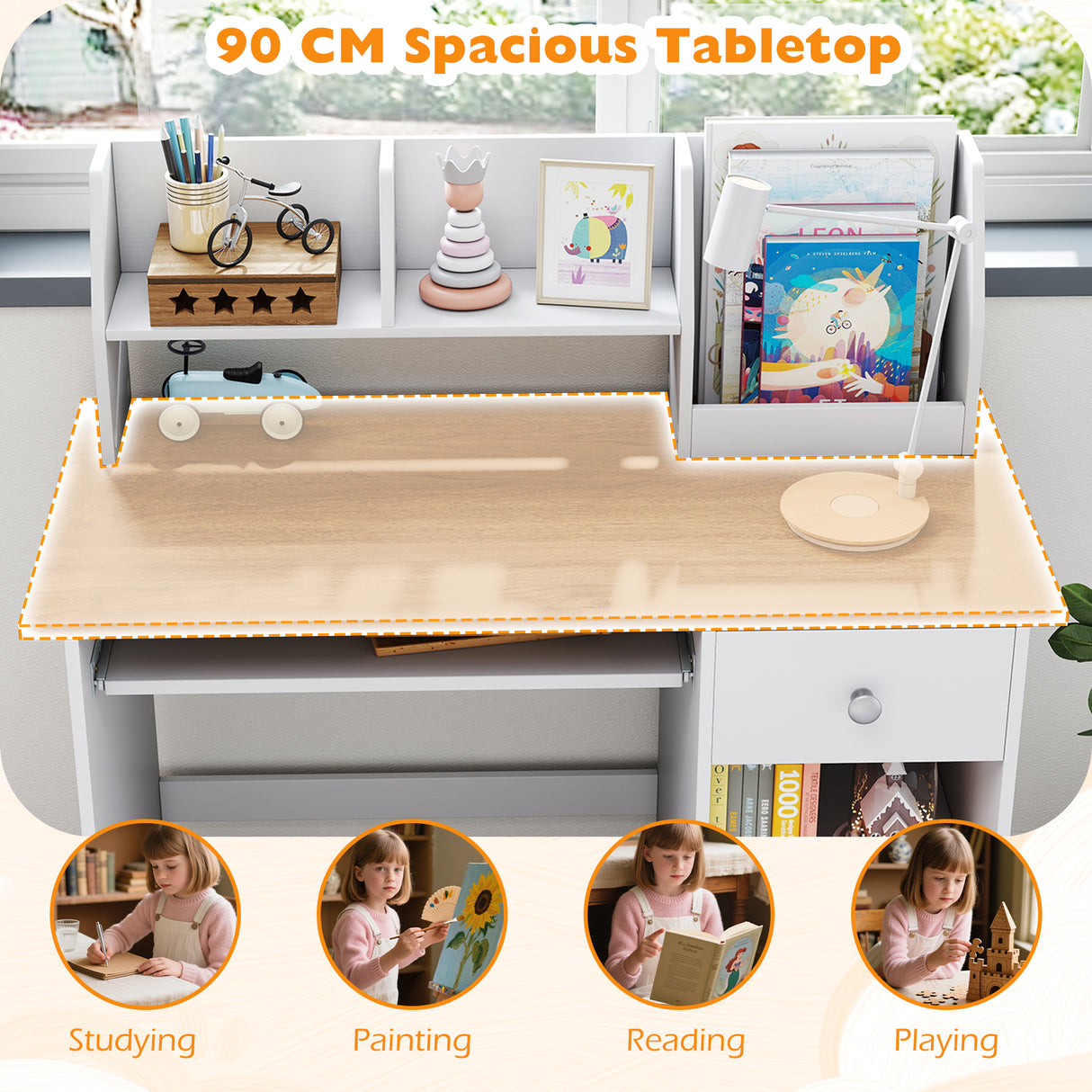HONEY JOY Kids Study Desk, Children Writing Table w/Hutch