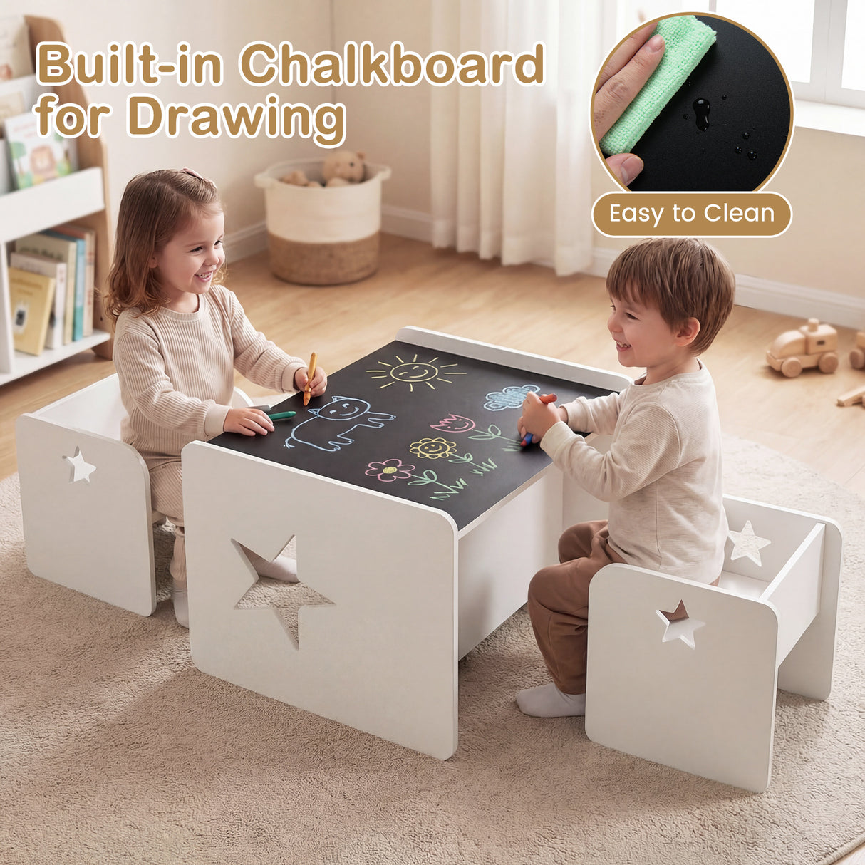 3 PCS Kids Table and Chair Set, Space-Saving Toddler Activity Desk and 2 Chairs