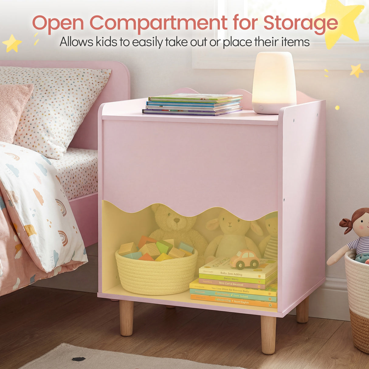 HONEY JOY Kids Bedside Table, Toddler Nightstand with Wide Top & Open Compartment